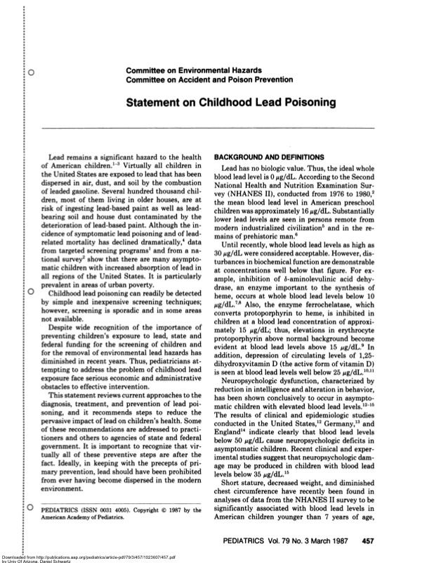 Statement on Childhood Lead Poisoning, 1987