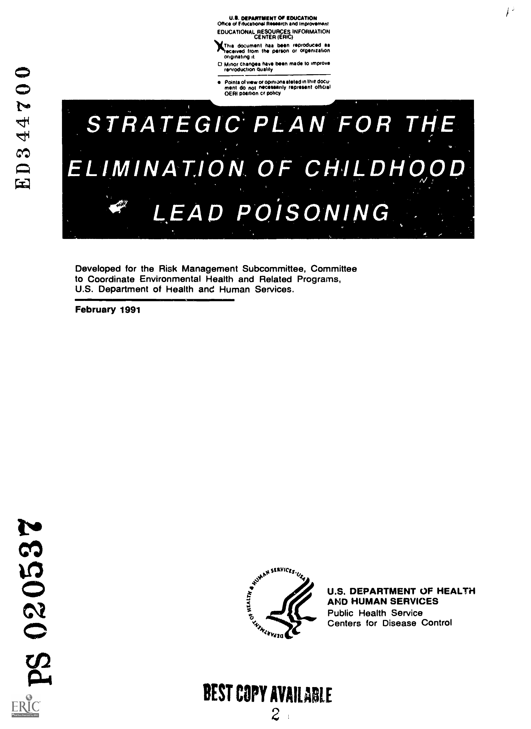 Strategic Plan for the Elimination of Childhood Lead Poisoning, February 1991