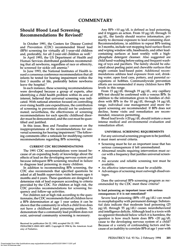Should Blood Lead Screening Recommendations Be Revised?, 1994