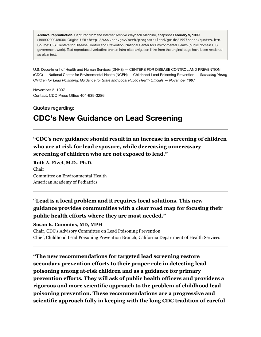 Quotes Regarding CDC's New Guidance on Lead Screening, CDC Backgrounder, November 1997