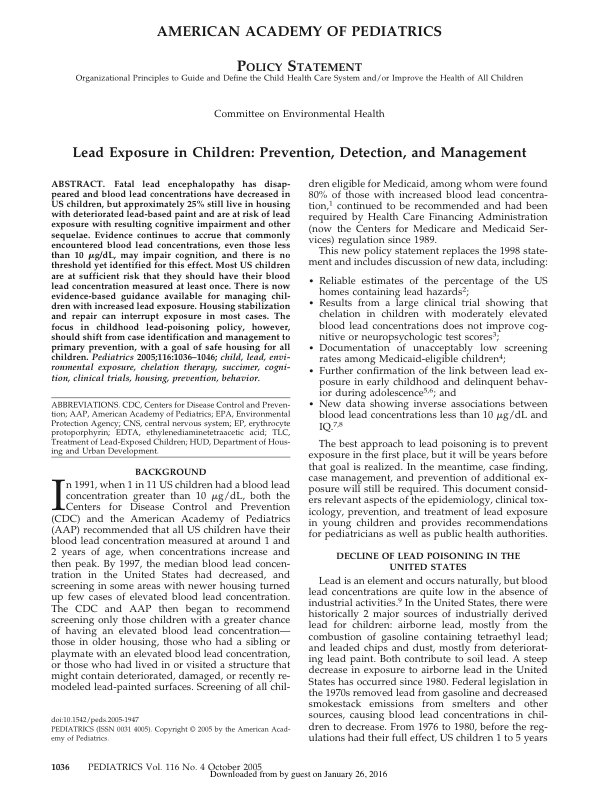 Lead Exposure in Children: Prevention, Detection, and Management, 2005