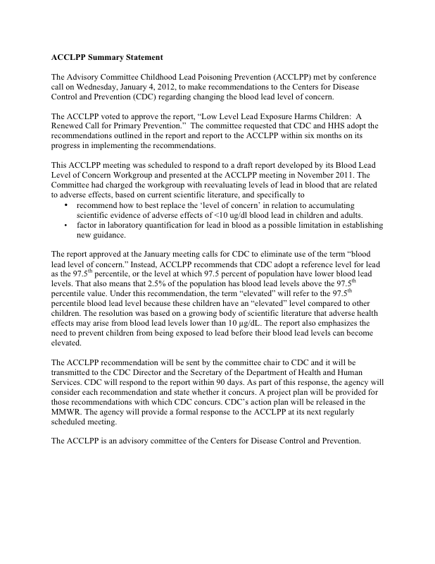 Low Level Lead Exposure Harms Children, ACCLPP Summary Statement, 2012