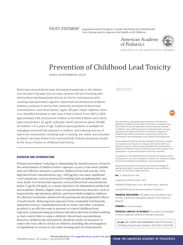 Prevention of Childhood Lead Toxicity, AAP, 2016
